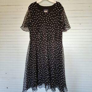 Vintage Willow Ridge Black White Polka Dot Short Sheer Sleeve Midi Dress 18W